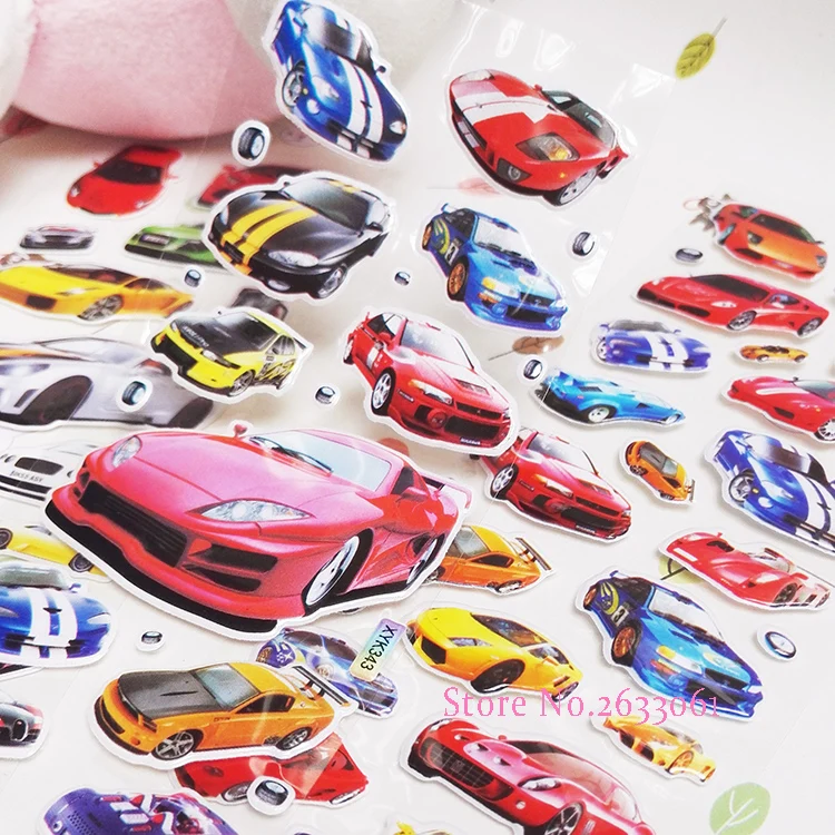 

3pcs New Arrival Fashion Cartoon Roadst Sticker For Children Kids Toys Sports Car Pasted Bubble Small Stickers For Baby Eduional