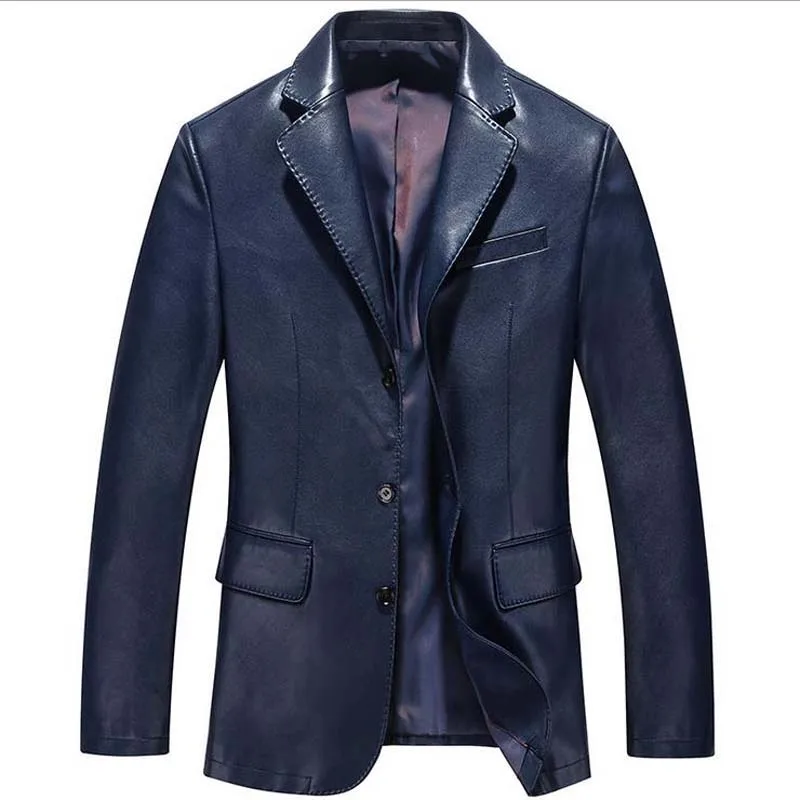 Модный блейзер из искусственной кожи, мужское пальто, повседневный деловой пиджак, черный, синий Блейзер, брендовая одежда, M-3XL - Цвет: Синий