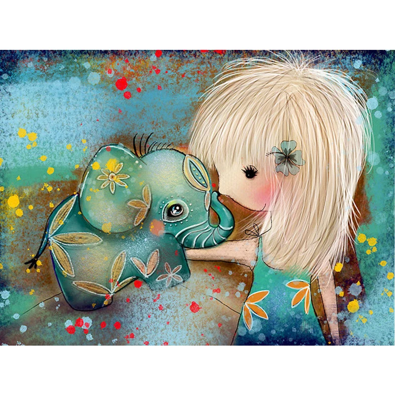 

5D DIY Full Drill Round Diamond Embroidery Diamond Painting Cartoon Elephant and Girl Pattern Mosaic Stickers Cross Stitch