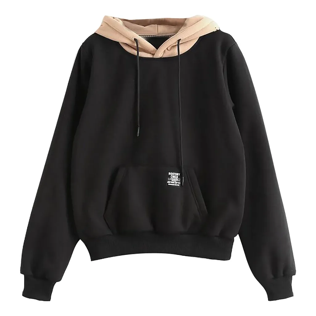 

Long Sleeve Hoodies Women Fall 2019 Streetwear Pocket Patchwork Pullover Hoodie Sweatshirt Women Sudadera Mujer