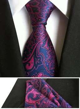 

8cm New Arrival Ties Set Match Pocket Square Navy Blue with Red Paisley