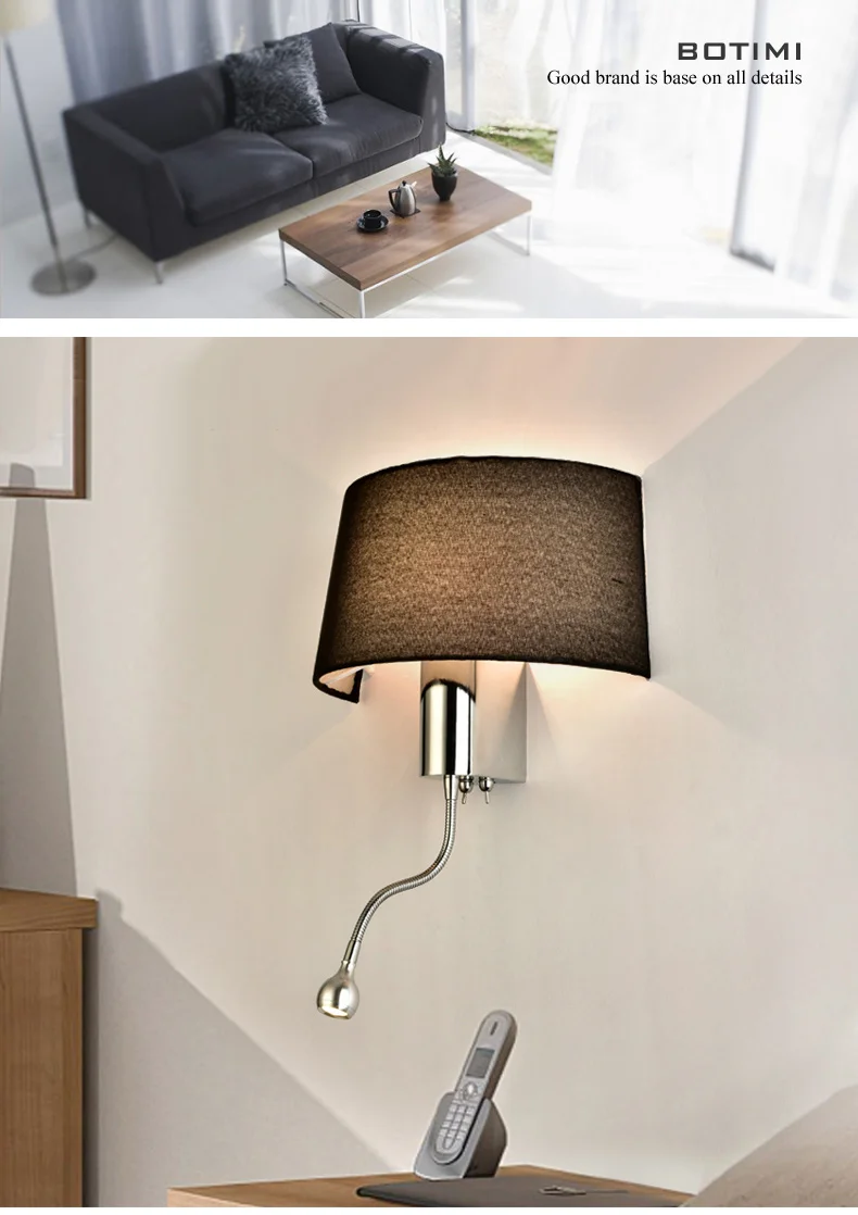 Conduziu a Luz da Parede com Tecido Abajur para o Quarto de Cabeceira Botimi Moderno Applique Murale Luminária Led Arandela Luz Quente 7 Cheap led wall light