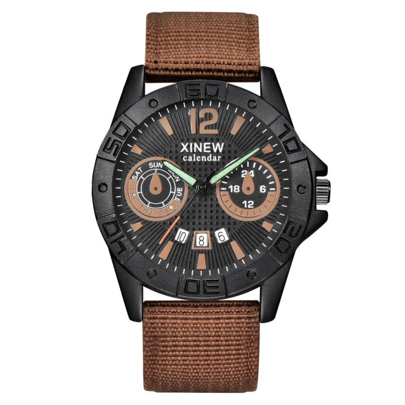 XINEW Canvas Wrist Watches Men's Sport Calendar Clock Relogio Masculino Top Brand Men Steel Dial Military Quartz Watch#Zer