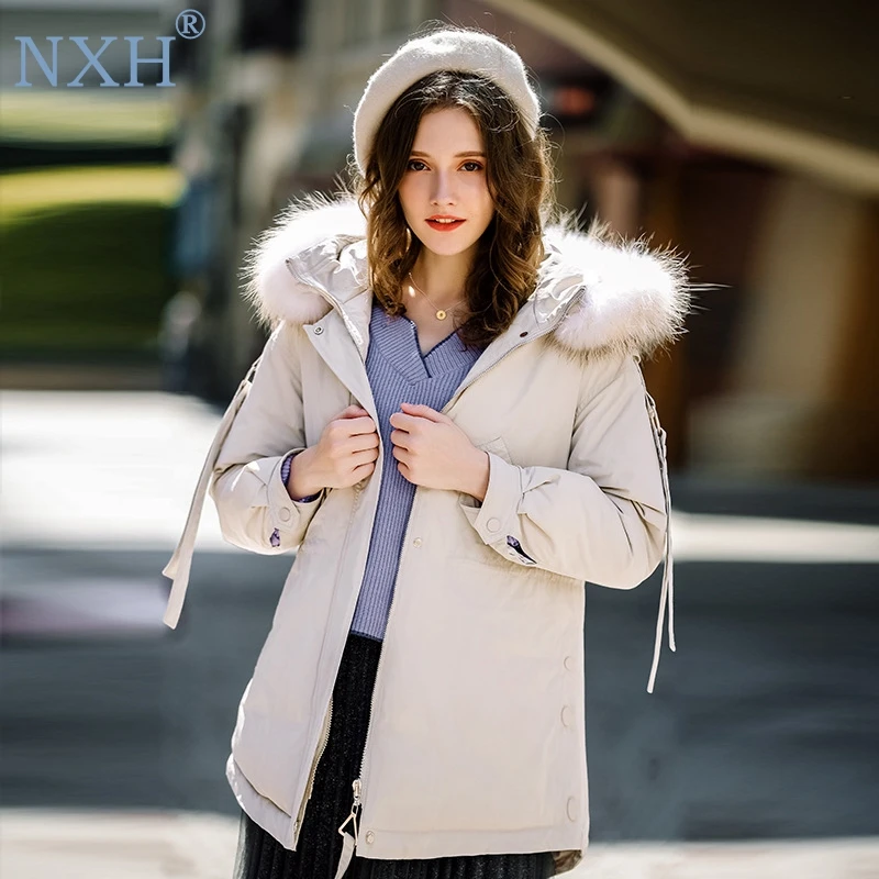 

NXH womens down jackets winter whiter coat outwear Real big fur collar hooded light jacket bohemian 100%White duck filling girl