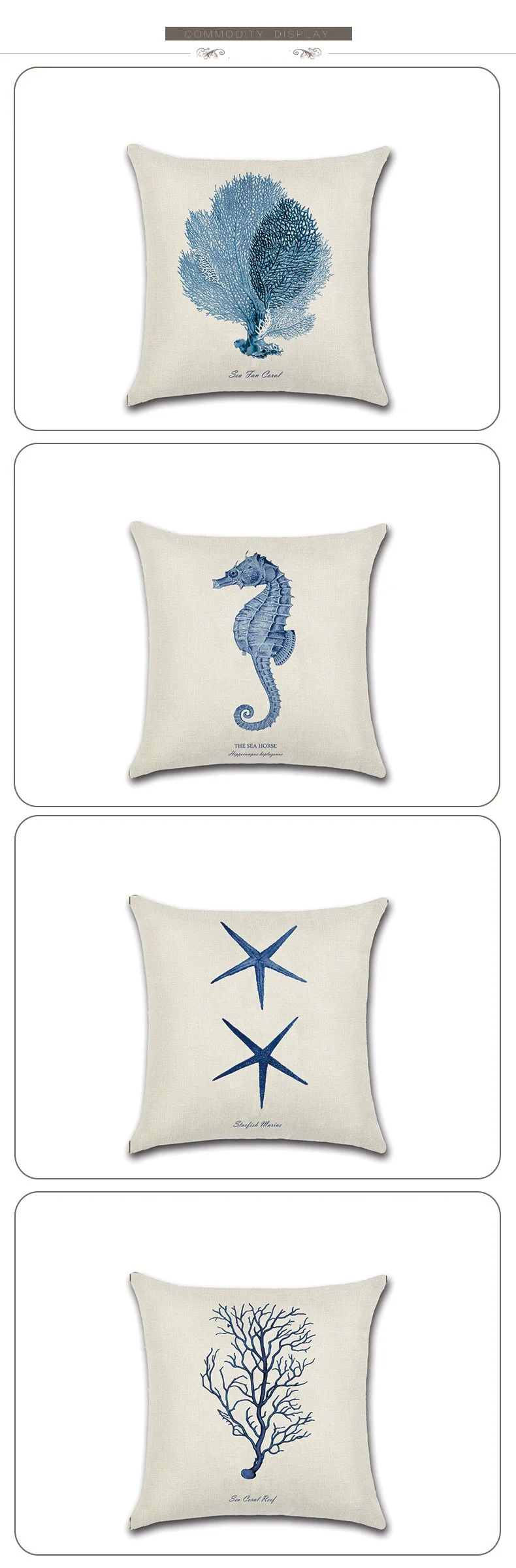 Marine Ocean Printed Cotton Linen Cushion Cover Starfish Seahorse Seaweed Coral Home Decorative Pillowcase for Sofa Wholesale