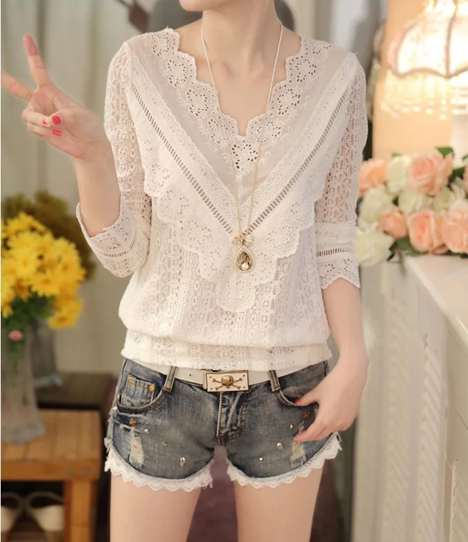 MSSNNG 2018 hot sale new arrival Spring and autumn Korean fashion women blouse V neck long sleeve slim lace female shirt  (12)