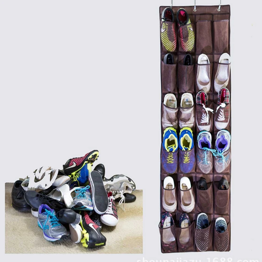 24 Pockets Hanging Over Door Holder Shoes Nonwoven Fabric Mesh Organizer Storage Wall Closet Bag Brown