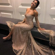 Блестящие платья для выпускного вечера для девочек цвета шампанского, с блестками, с длинным рукавом, с разрезом по бокам, с v-образным вырезом, со шлейфом, розовое, золотое, вечернее, торжественное платье