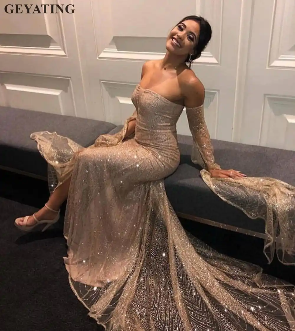 Sparkly Champagne Sequin Mermaid Prom Dresses For Girls Long Sleeve Side Split V Neck Court Train Rose Gold Evening Formal Dress Prom Dresses Aliexpress