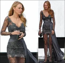 Sexy A-Line Grey Spitze Abendkleid 2017 vestidos de fiesta Lange Hülsen-formale Abendkleid Partei Pageant Kleider
