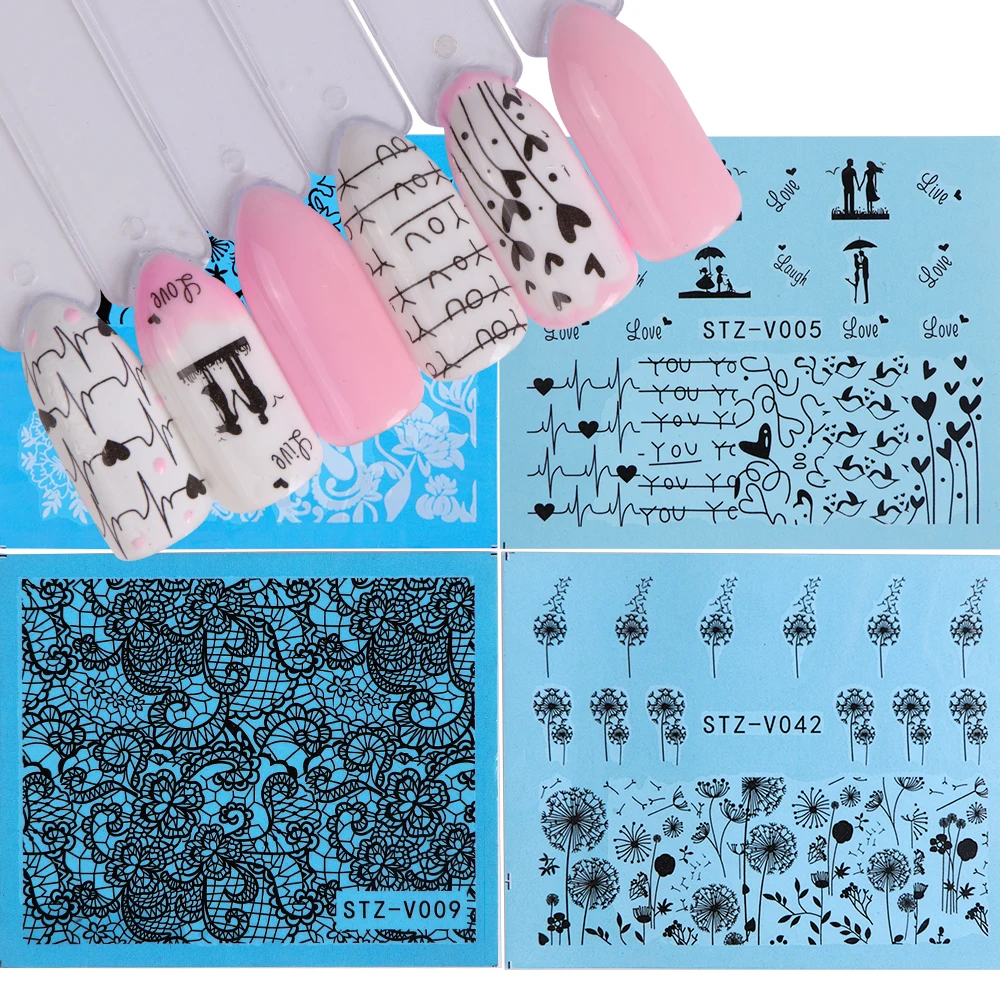 

1 Sheet Black Nail Stickers Water Decals Flowers Butterfly Transfer Sticker Nail Art Decoration Lace Tips STZV01-48