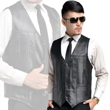 Модный Повседневный тонкий мужской жилет без рукава, куртка из мягкой кожи, жилет, брендовый жилет с v-образным вырезом и 5 карманами, Мужская одежда, большие размеры