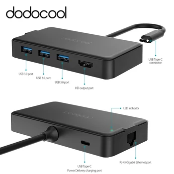 

dodocool 6-in-1 usb-c hub type-c 4K video HD 1000Mbps rj45 gigabit ethernet adapter usb 3.0 2.0 hub for Laptops TV MacBook Pro