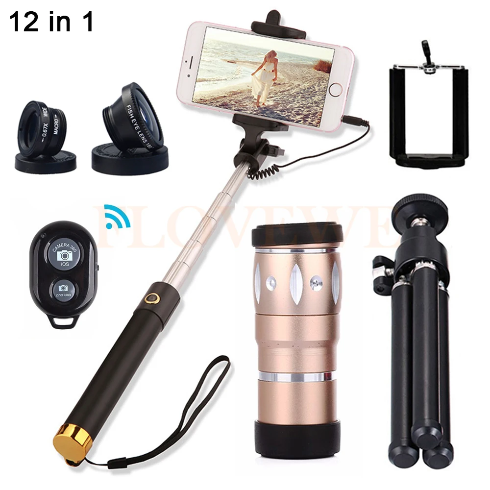 

2017 Phone Lens Kit 10X Telephoto Zoom Lenses Telescope Selfie Stick Fisheye Wide Angle Macro Lentes For iPhone 7 6 5 Smartphone