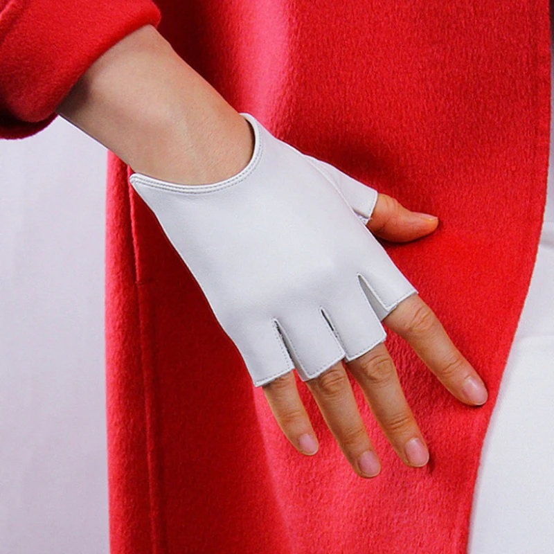 Genuine Leather Pure Sheepskin Black Semi-Finger Fingerless Ultra Short Woman's Gloves Locomotive Style Unlined TB39-1