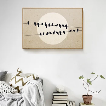 

Nordic Birds on Wires Moon Canvas Painting Landscape Posters Minimalist Wall Art Pictures for Living Room Home Decor Unframed