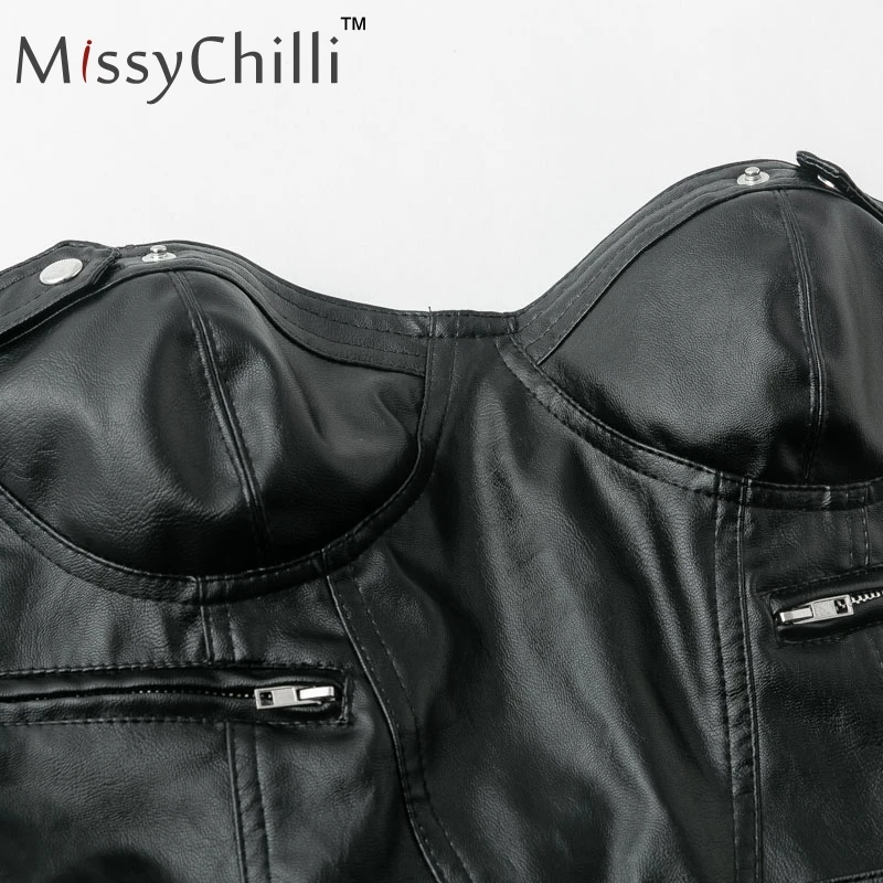 Женские топы MissyChilli из искусственной кожи с ремнем, на молнии, с открытыми плечами, Летний стиль, майка, женская уличная одежда, сексуальный укороченный топ, Майки