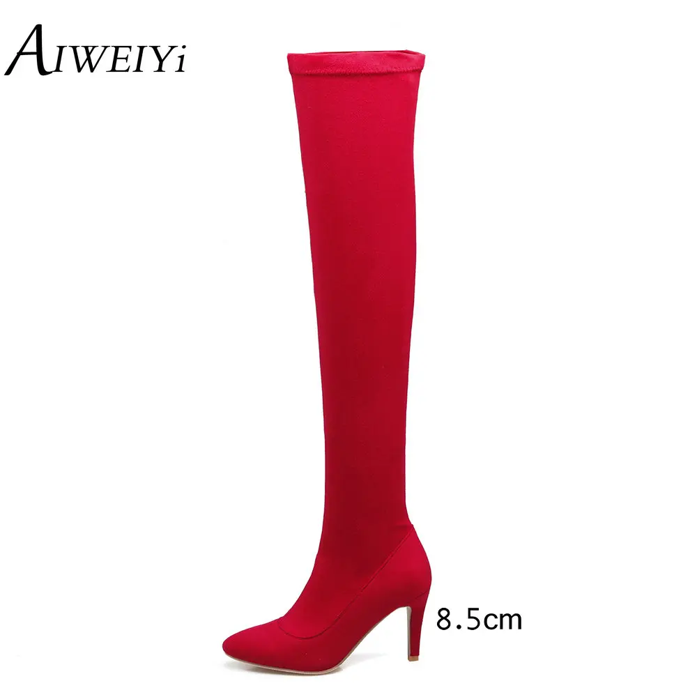 Sur Chaussures Cuissardes Aiweiyi Automne Le rouge gris Hiver Mince Genou Femme noir Bottes Apricot Talon Pour Femmes Zip Boot Mode bmYf7yIgv6