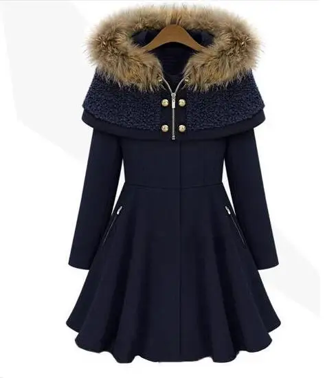 

woolen coat female fur collar long sleeve NAVY BROWN women woolen jacket Winter coats women 2017 S-2XL