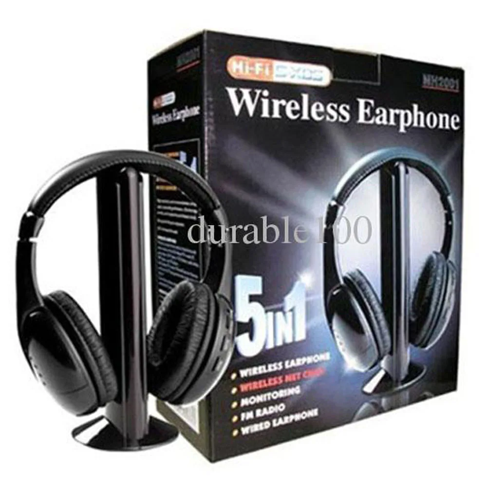 New 5 in 1 Wireless Headphone Earphone Black for Monitor FM radio for