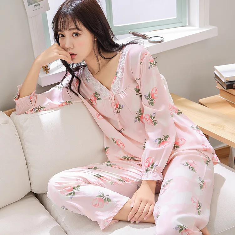 Women Pajama Sets Autumn Spring Pajamas Color Flowers High Quality Full