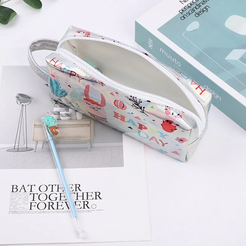 Laser Pencil Case Alpaca Handles for Girls Student Big Capacity PU Cactus Pencil Box Bag School Supplies Stationery