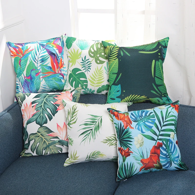 

New Cushion Cover Tropical Green Leaves Aand Flower Pillow Case Family Sofa Table Chair Car Mesh Cotton Waterproof Pillowcase