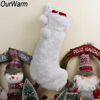 

OurWarm White Luxury Faux Fur Christmas Stockings 54x30cm Gift Candy Bag with Pom-poms New Year's Toys Christmas Decorations