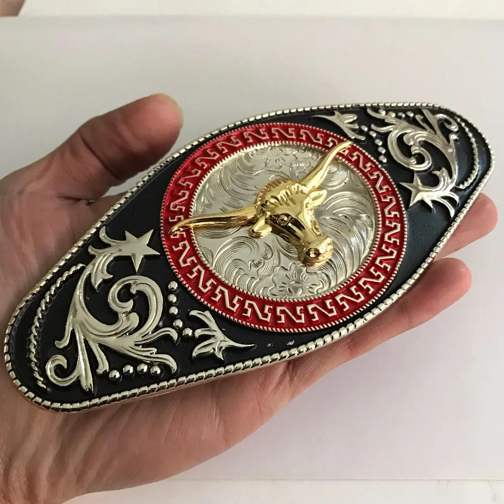 

Retail 2018 New Style High Quality Cool Lace Gold Bull Head Men Belt Buckle With 173*78mm Metal Cowboy Buckles fit 4cm Wide Belt