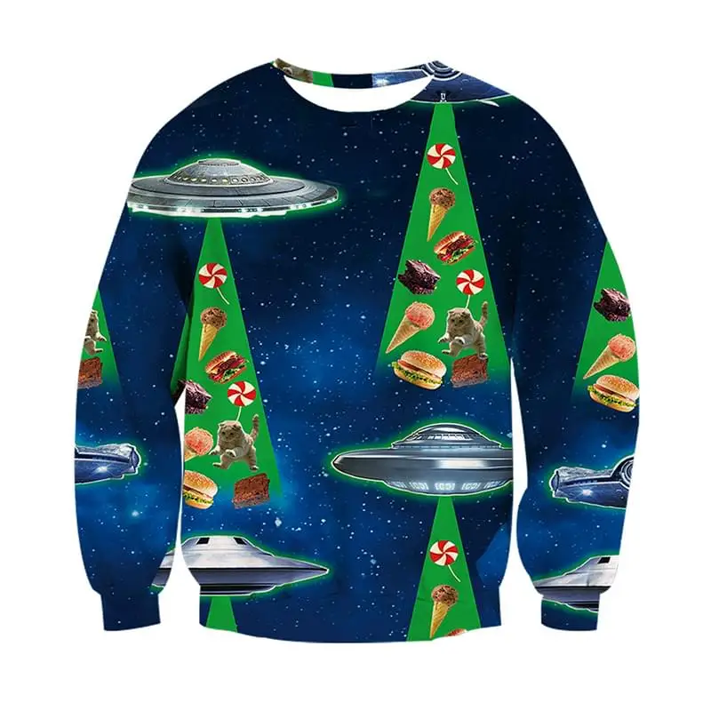 

3D Cat Ugly Christmas Jumper Hoodies Sweatshirts Alien Spaceship Men Women Pullovers Autumn Winter Christmas Gifts Men Tops