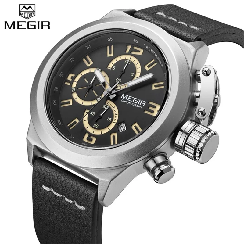 

Brand MEGIR Watches Men Chronograph Sports Watch Analog Clock Male Casual Leather Military Quartz Wristwatch Relogio Masculino