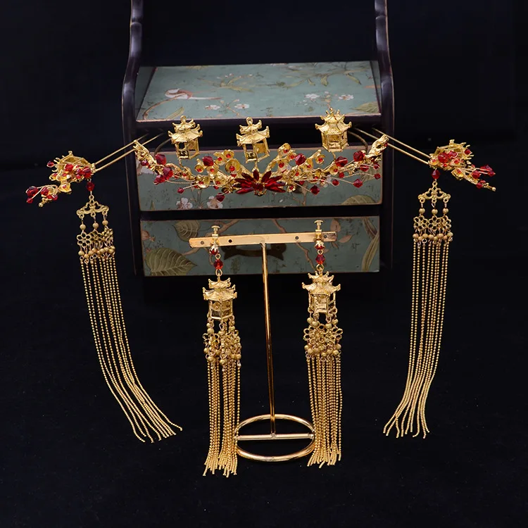 

Chinese red hair stick coronet headdress Phoenix crown dragon and Phoenix bride's Wedding hair accessories