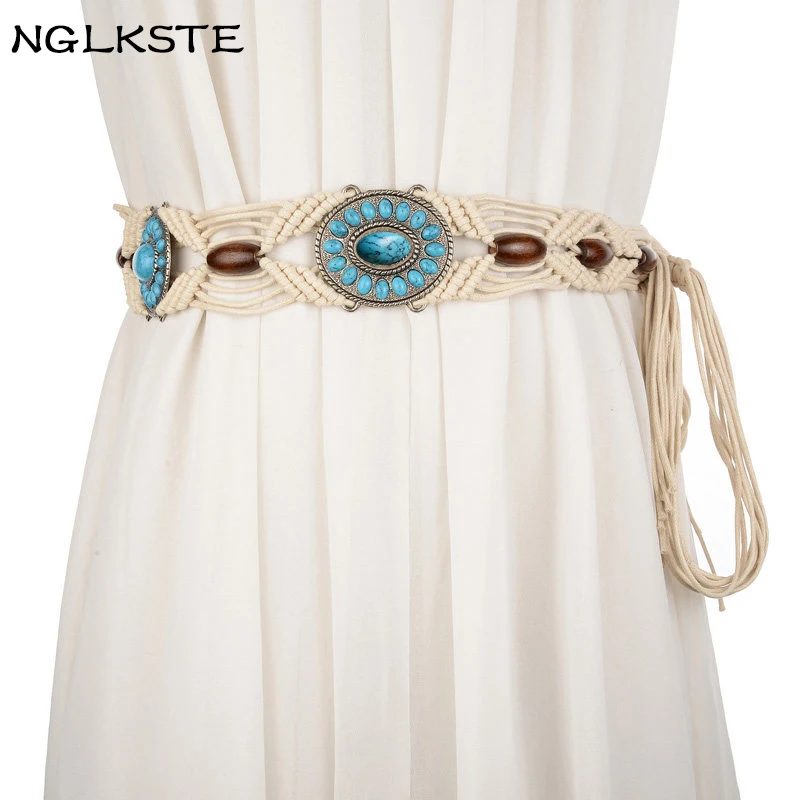 Bohemia style waxy rope weaving lady belt women's weaving belts