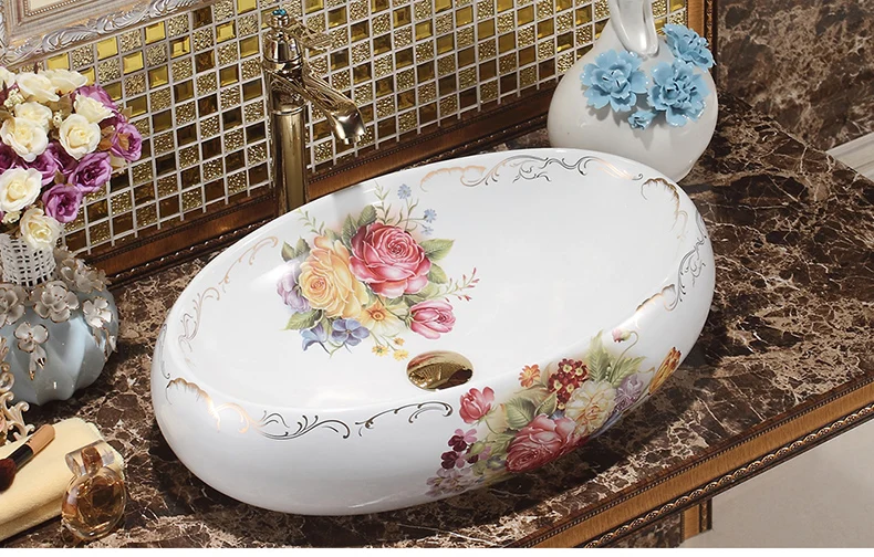 Oval Bthroom Lavabo Ceramic Counter Top Wash Basin Cloakroom Vessel Sink bathroom sink rose pattern vintage porcelain sink (4)