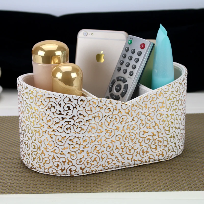 

Luxury fashion desktop storage box remote control cosmetics PU leather sundries box gold fashion