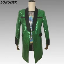 Зеленые блестки формальный мужской костюм куртка мода изящное длинное пальто клубов бар певец танцор хост концертное шоу сценический костюм верхняя одежда