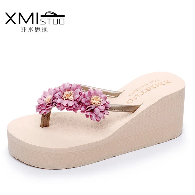 Chanclas de mujer/шлепанцы на платформе с цветами; женская летняя пляжная обувь; женские шлепанцы на танкетке и высоком каблуке; женские вьетнамки - Цвет: Beige 7cm