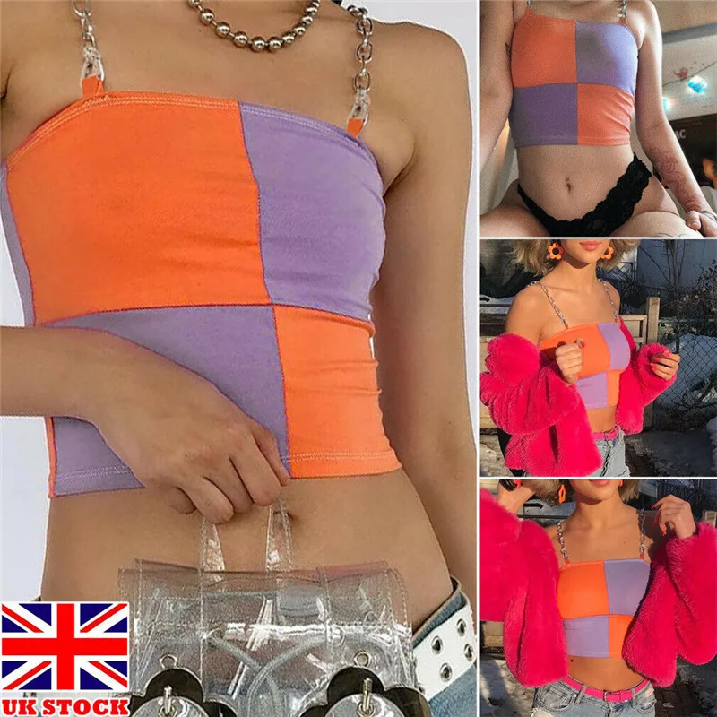

New Women Sexy Metal Sling Vest Fashion Color Patchwork Crop Tops
