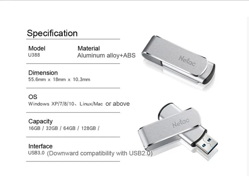 Netac 32 ГБ флешка Поворотный Металлический Флэш-накопитель USB 64 ГБ 16 ГБ 128 ГБ Pendrive U388 Индикатор 360 Поворот DIY Пользовательские Memory Stick U Диск флешки