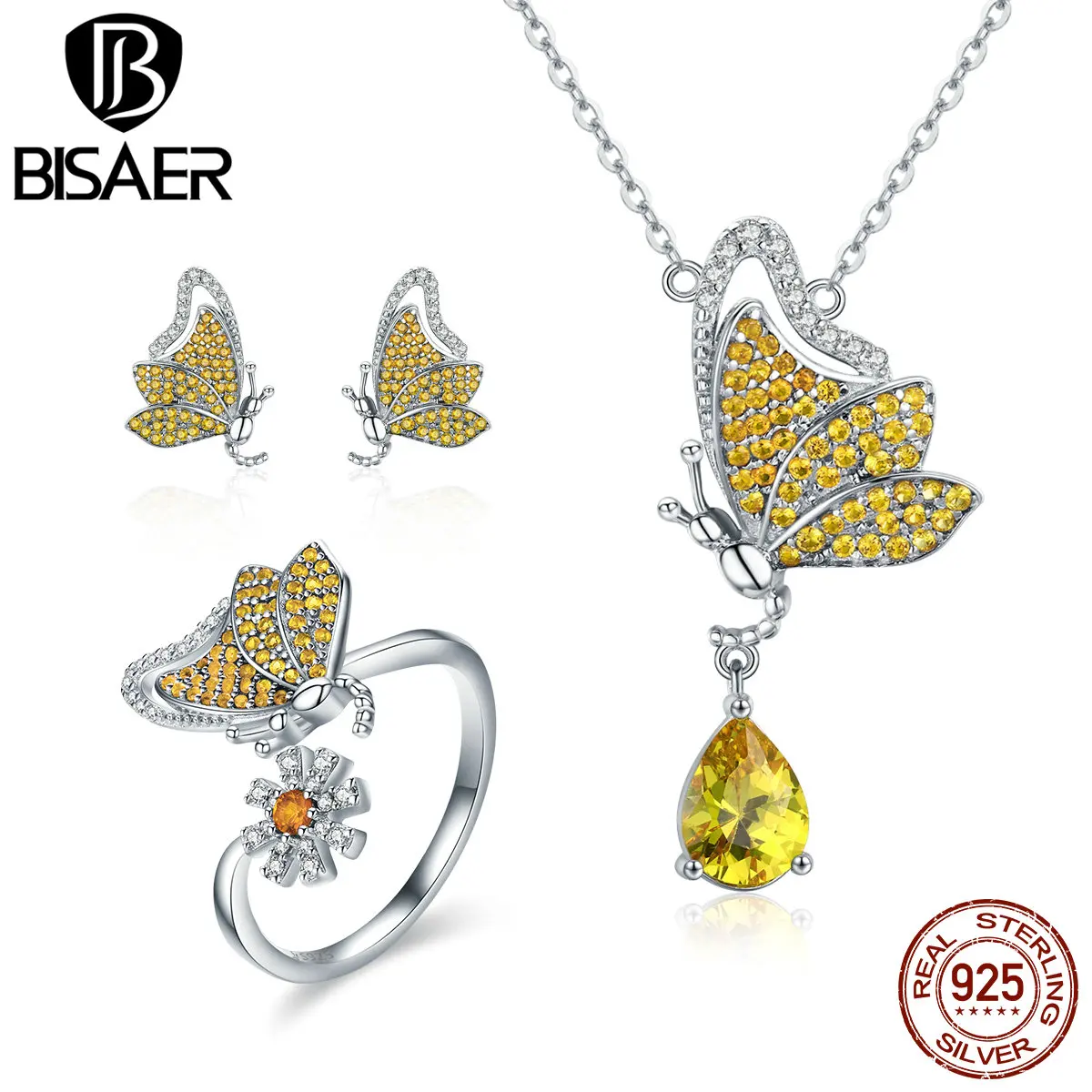 

BISAER Authentic 925 Sterling Silver Yellow CZ Dancing Flying Butterfly Dream Luxury Jewelry Set for Women Silver Fine Jewelry