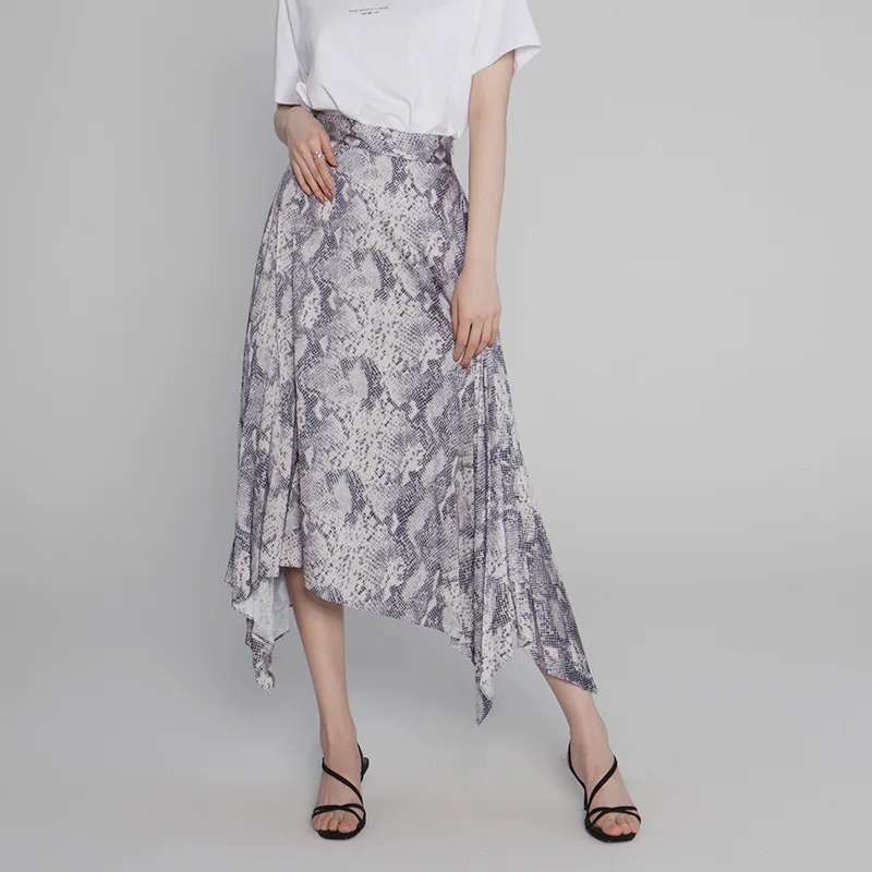 

Women's Skirt 2019 New Snake Print Irregular Hem High Waist Skirt Knee-Length Long Skirt Women