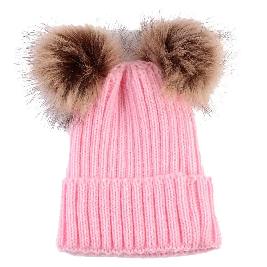 Вязаная шапка женская зима милые Меховые помпоны с двойным шариком осенние женские шапки Скалли бини женские шапки женские кепки - Цвет: Pink