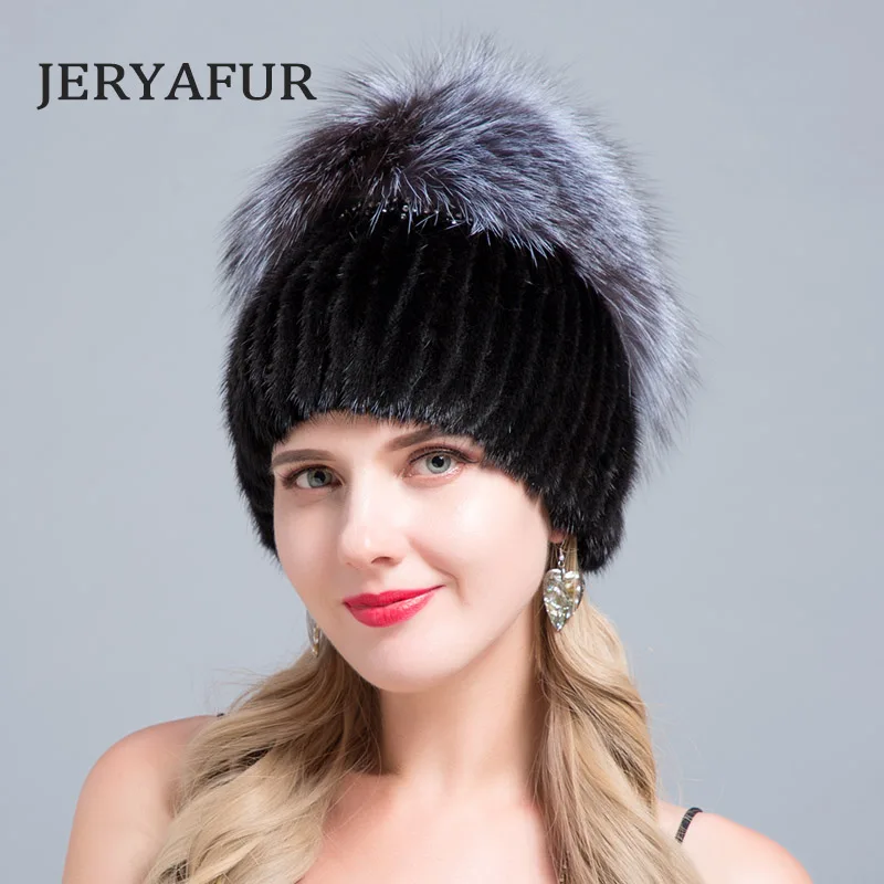 JERYAFUR меховая оптовая продажа с фабрики норковая шапка лисой и кроликом вязаная