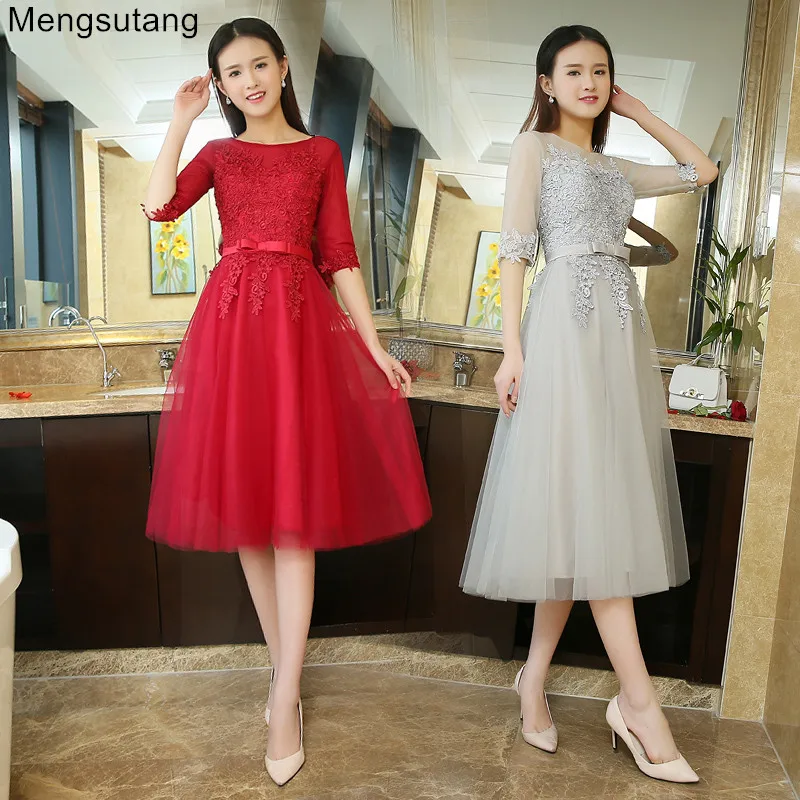 

Robe de soiree 2019 new hot sale tea-length u collar lace up banquet Vestidos de festa evening dress red dress prom dresses
