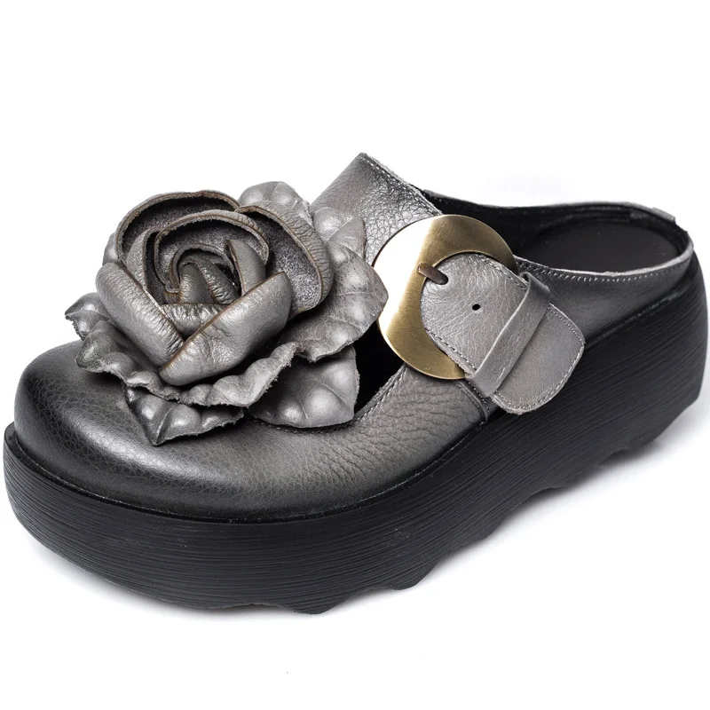 Artdiya/Новинка; оригинальная Летняя женская обувь; шлепанцы ручной работы с цветами; кожаные сандалии в национальном стиле; толстая подошва; круглый носок; Пряжка - Цвет: Light Gray