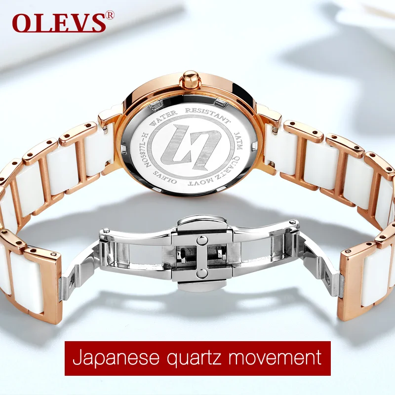 OLEVS Simple Charm Ladies Wristwatches Ceramic Strap Luxury Gold Women Watches Clock Cubic Zirconia Thin Waterproof Woman Watch