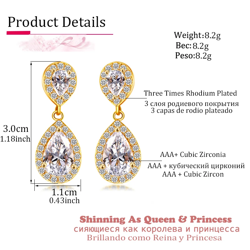 Очаровательные длинные серьги в виде капель воды белого/розового/желтого золота, женские серьги-капельки с прозрачным кристаллом для ногтей, ослепительный свадебный подарок AE331