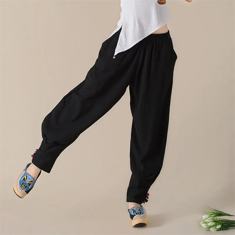 

National Style Cotton Linen Casual Loose Vintage Trousers With Buttons Women Summer Spring 2019 One Size Panelled Harem Pants