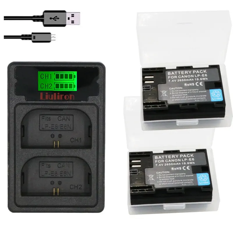 

2x LP E6 LPE6 LP-E6 E6N Battery 2650mAh + LED Dual Charger For Canon EOS 5DS R 5D Mark II 5D Mark III 6D 7D 80D EOS 5DS R Camera