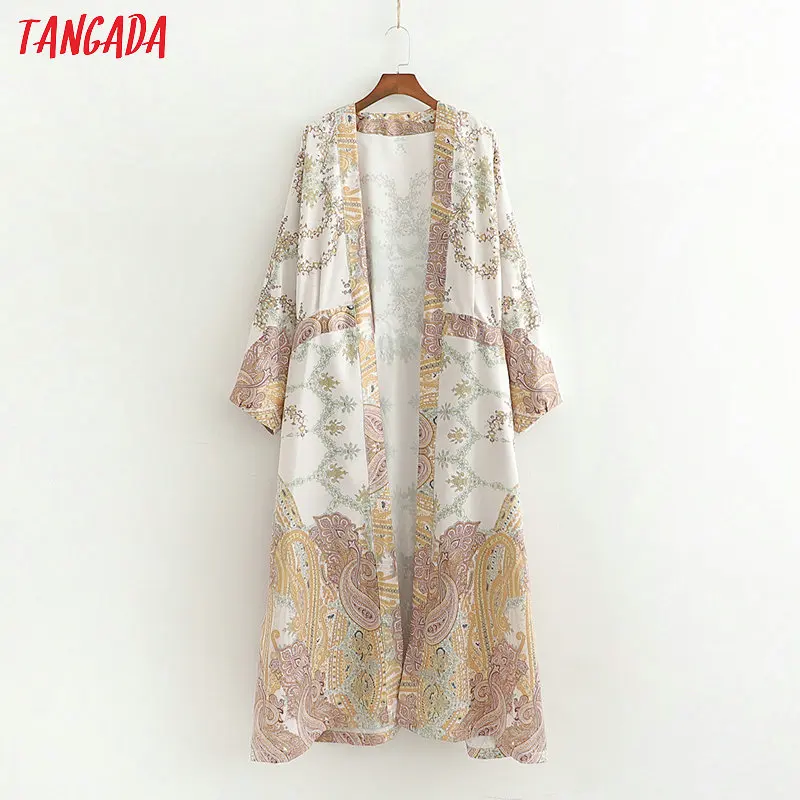 

Tangada women elegant vintage print kimono long sleeve open stitch long wind coat ladies oversized female chic coats 1D163